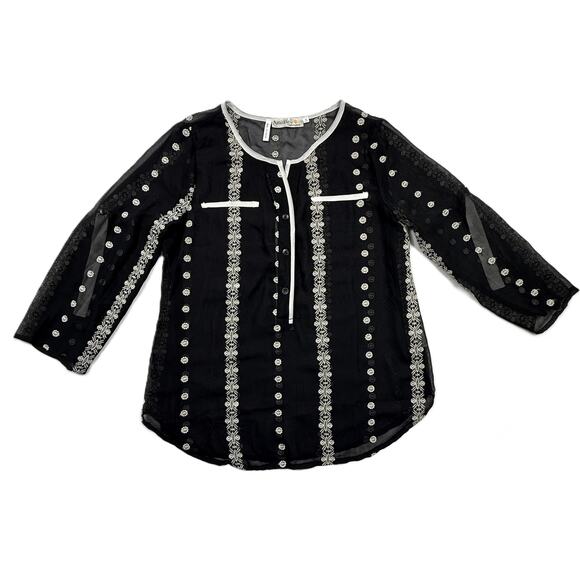 Available Tops - 90s Black Floral Embroidered Tunic Shirt Sheer Bohemian Blouse Ethnic Size S